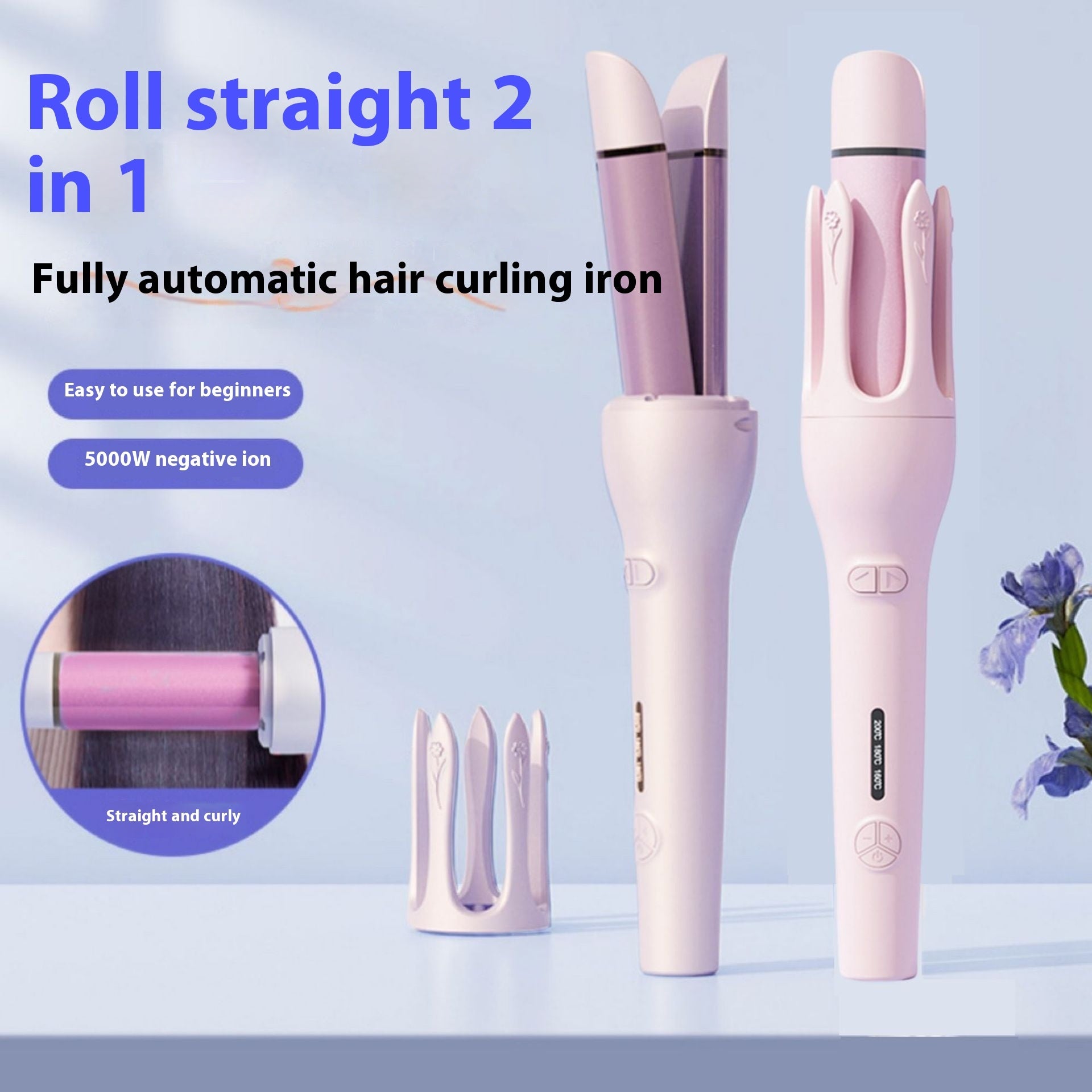 Zevuno New 2 In 1 Automatic Hair Curler Straightener Negative Ion Electric Ceramic Fast Heating Rotating Magic Curler
