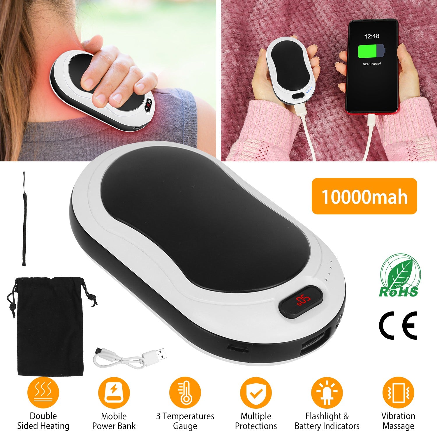 Zevuno Portable Hand Warmer Power Bank Rechargeable Pocket Warmer Double-Sided Heating With Flashlight 3 Temperature Adjustment